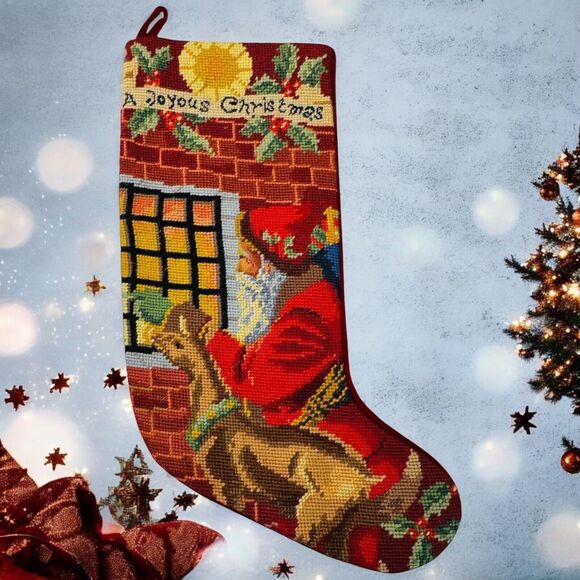 Vtg Needlepoint Christmas Stocking Wool Stocking Santa Red Joyous Petit Point - Picture 1 of 15